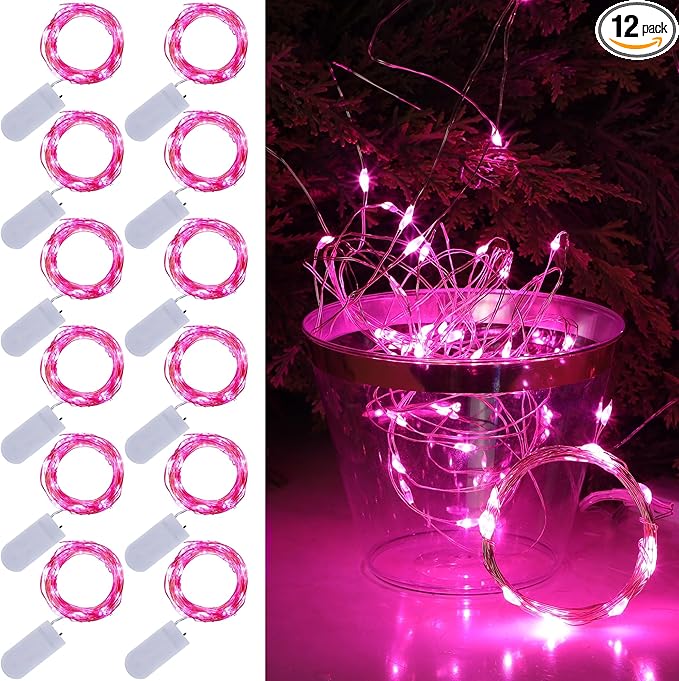 WATERGLIDE 12 Pack Fairy Lights Battery Operated (Included), 7 ft 20 LED Mini String Lights, Waterproof Silver Wire Firefly Starry Light for DIY Wedding Christmas Party Mason Jars Decor, Pink