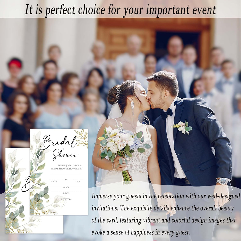 Bridal Shower Invitations, 25 Eucalyptus Invites with Envelopes for Bridal Shower Reception Engagement Party, Greenery Wedding Party Cards - A03