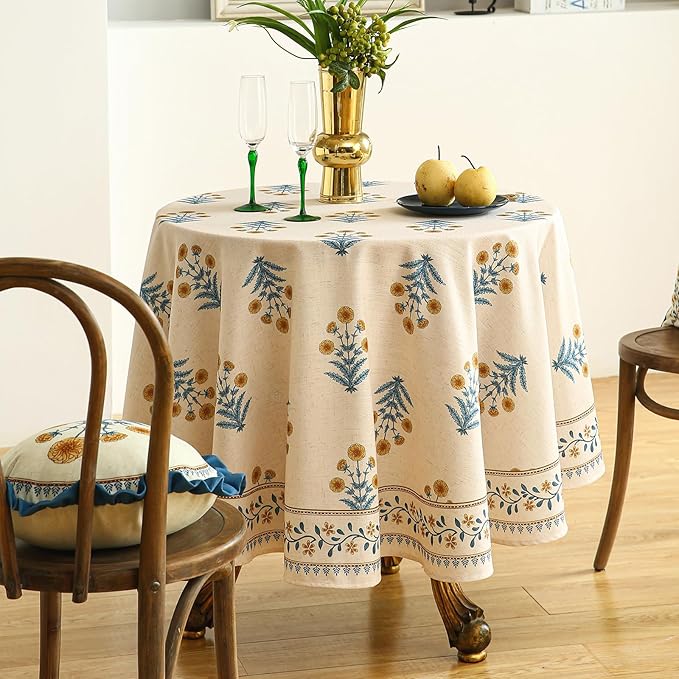 ISAENNE Designer French Pale Yellow Small Round Tablecloth,Linen Floral Table Cloth,Wrinkle Resistant Decor Tablecloths for Dining Thanksgiving Banquet Kitchen Party,Diameter 55"-Estevan A