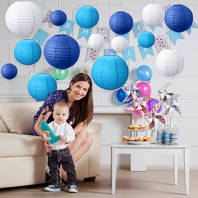 Riakrum 16 Pcs Blue and White Paper Lanterns Birthday Party Decorations Mixed Size 6'' 8'' 10'' 12'' Colorful Chinese Hanging Paper Lanterns for Wedding Home Decorations Supplies