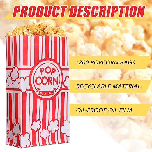 1200 Pcs Paper Popcorn Bags Bulk 2 oz Large Flat Bottom Boxes Red and White Disposable Container Sleeve Movie Night Popcorn Bucket for Retro Movie Themed Party Carnival Supplies (Red and White)