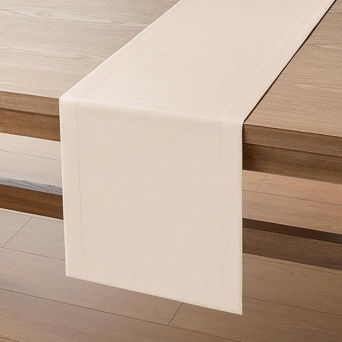 ZeeMart Linen Textured Border Table Runner, 14 x 108 Inch Cream, Farmhouse Style Cream Table Runners 108 Inches Long, Easy Care Everyday Polyester Table Runner