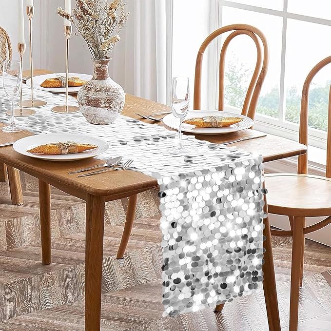 VHH Sequin Table Runner 12 x 108 inches Silver Table Runner, Glitter Runner for Party Wedding Birthday, Party Spring Easter Rustic, Birthday Supplies Decorations (1 Pack).