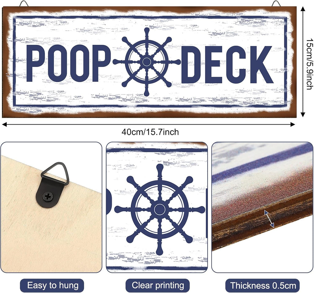 Jetec POOP DECK Sign Nautical Nursery Wall Decor Rustic Beach Bathroom Wood Sign Nautical Boat Decor Ocean Coastal Theme Decorations for Home Hanging for Ocean Bathroom 15.7 x 5.9 Inch(White)