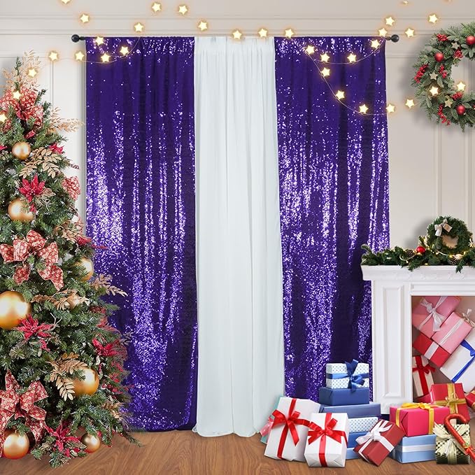 SquarePie Sequin Backdrop Curtain Non-Transparent Sparkly Background for Wedding Party 2FT x 8FT Purple 2 Panel