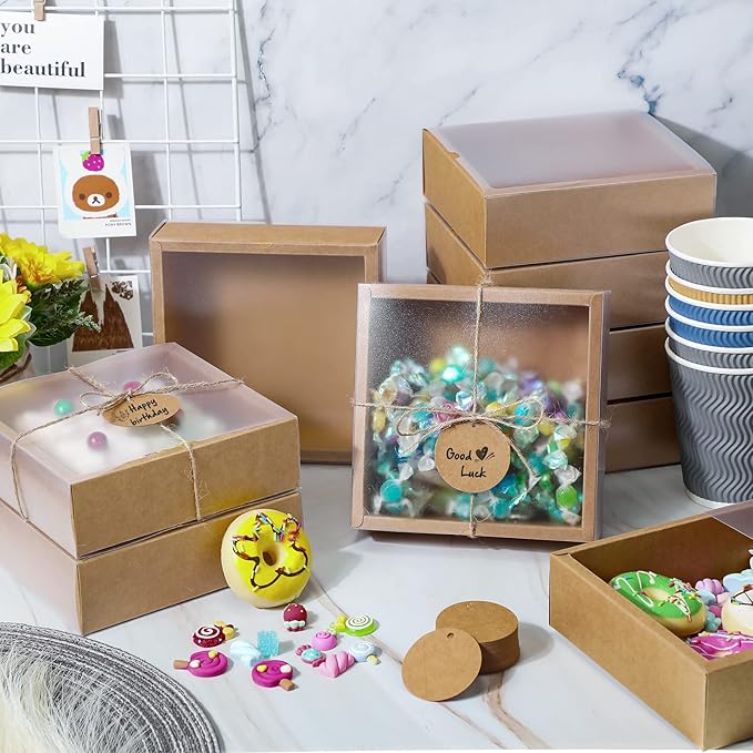 Roowest 50 Sets Kraft Soap Boxes Rectangle Packaging Box with Window Homemade Gift Box with Blank Tags and Jute String for Jewelry Candy Wrapping Party Favor(6.5 x 6.5 x 2 Inch,Kraft Color)