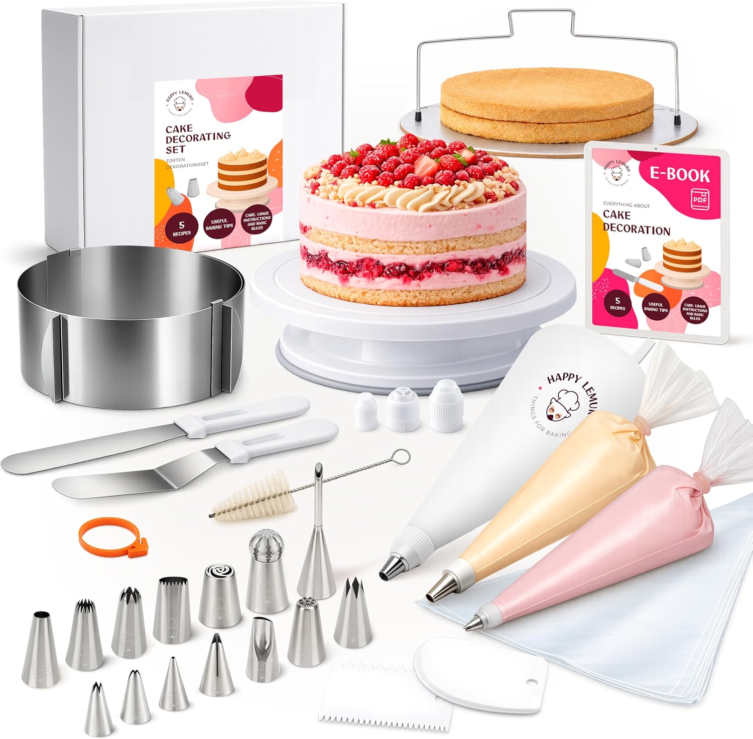 Cake Accessory Set with Premium Piping Nozzles & Piping Bag, Rotating Cake Plate, Cake Cutter and Versatile Baking Accessories (With Cake Ring)