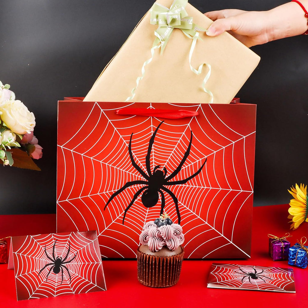 Hooqict Spider Birthday Gift Bag with Handles, Wrapping Paper, Greeting Card for Boys Kids Men Goodie Treat Party Gift Box Black Red Spider Web Birthday Decorations Halloween Bag
