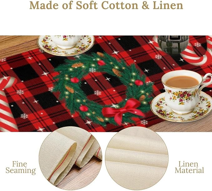 Christmas Table Runner, Red Winter Xmas Holiday Table Cloth Kitchen Dining Table Decoration for Home Party Decor 13x70 Inch