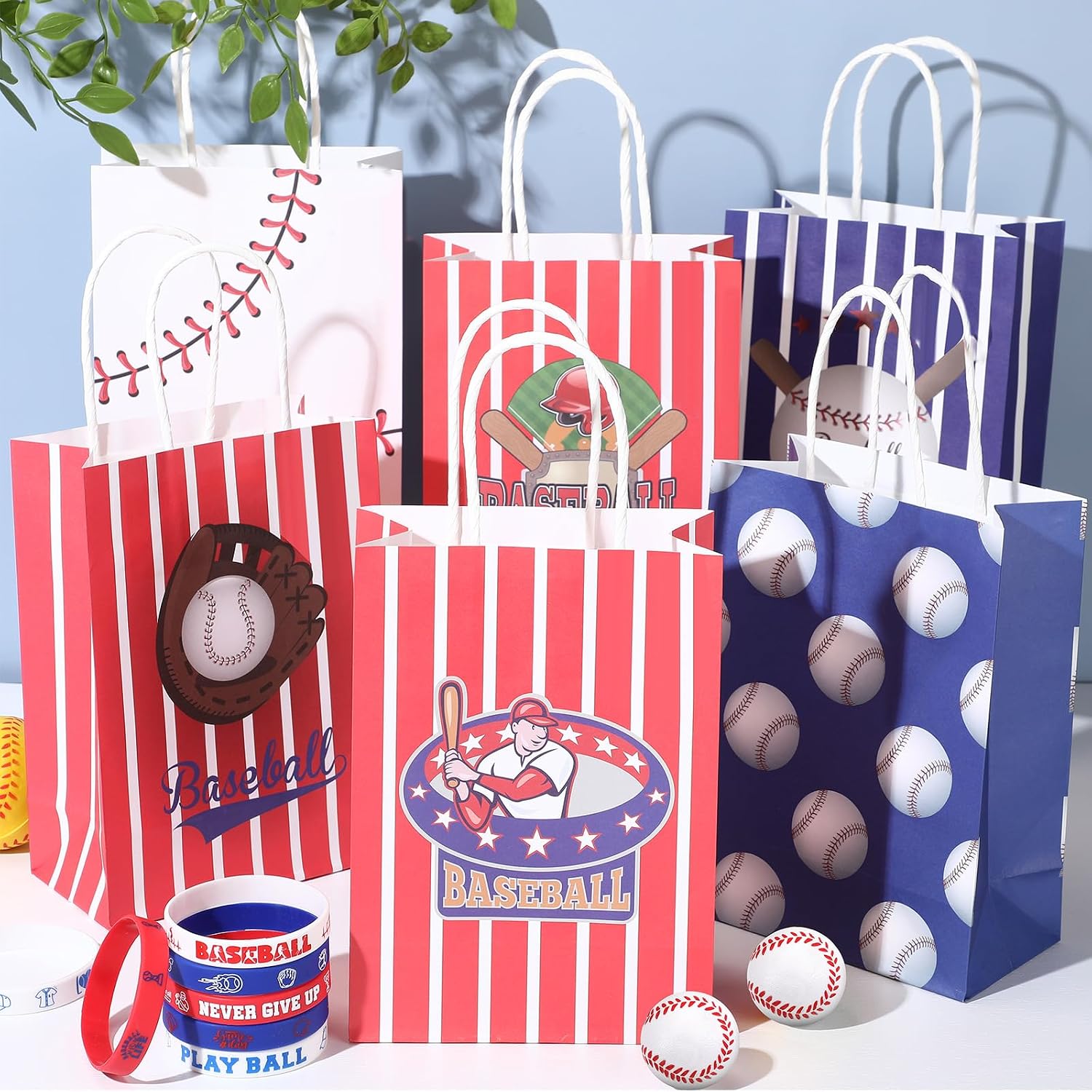 72 Pcs Baseball Party Favors Set Includes 24 Paper Gift Bags 24 Silicone Wristbands 24 Sports Stress Balls Goodie Bag Fillers Gifts for Sports Themed Birthday Party Supplies