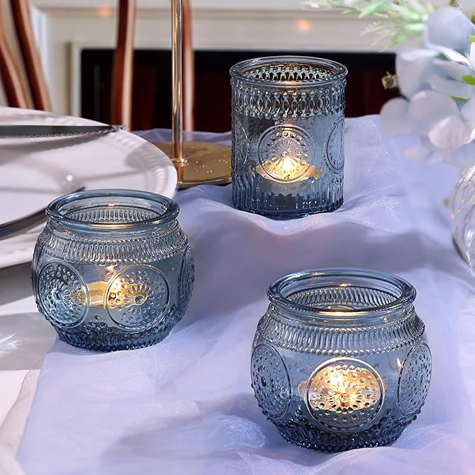 DARJEN 24 Pcs Blue Vintage Candle Holders - Bulk Glass Holders for Party & Wedding Decoration