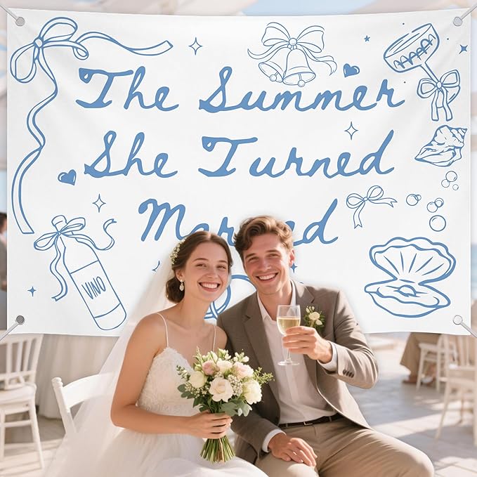 The Summer She Turned Married Backdrop - Beach Wedding Party Decorations - Bridal Shower Bachelorette Party Background Blue