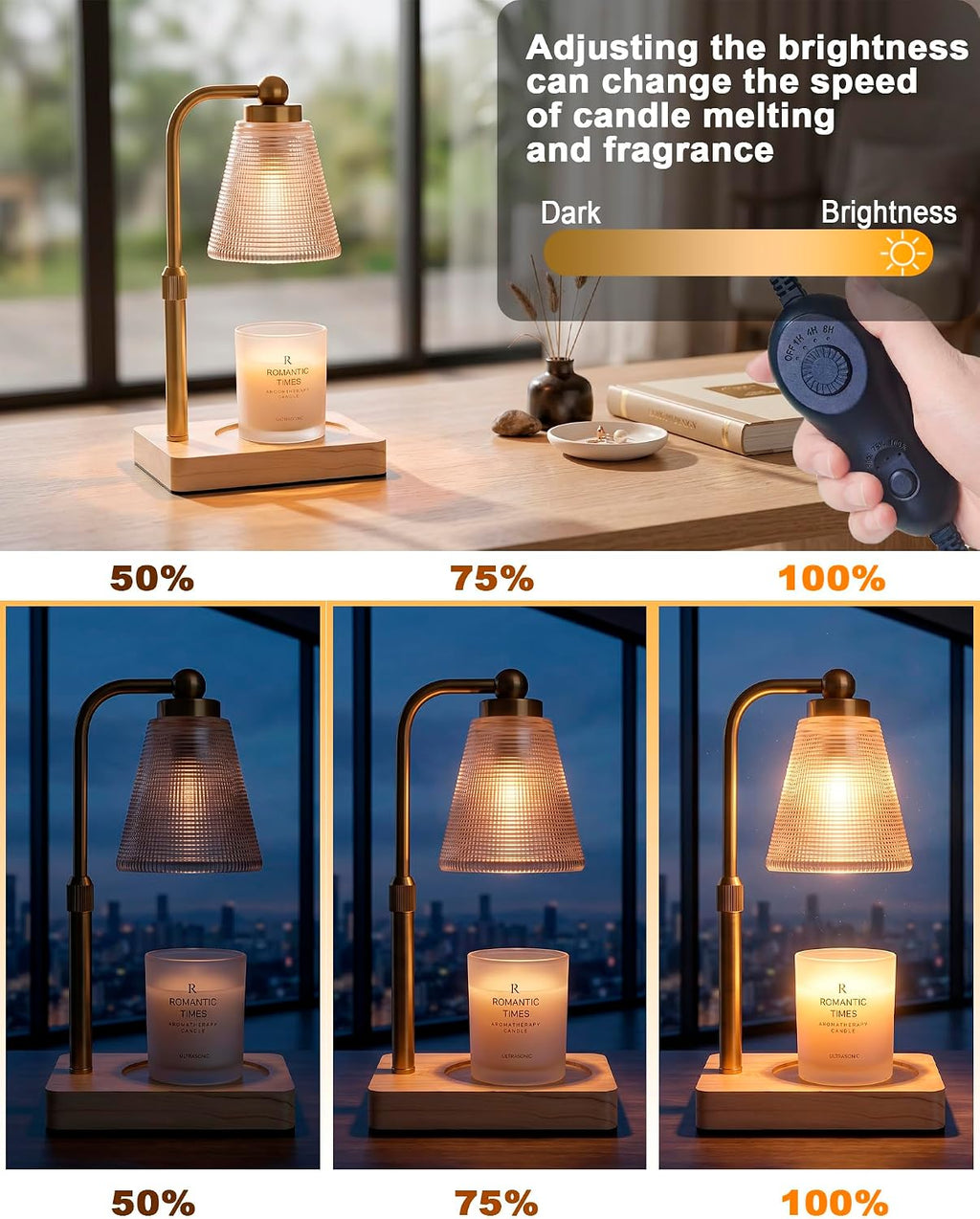 Candle Warmer Lamp with Timer - Adjustable Height & Brightness - Wood Base Glass Shade - 2 Bulbs Included(Square Gold)