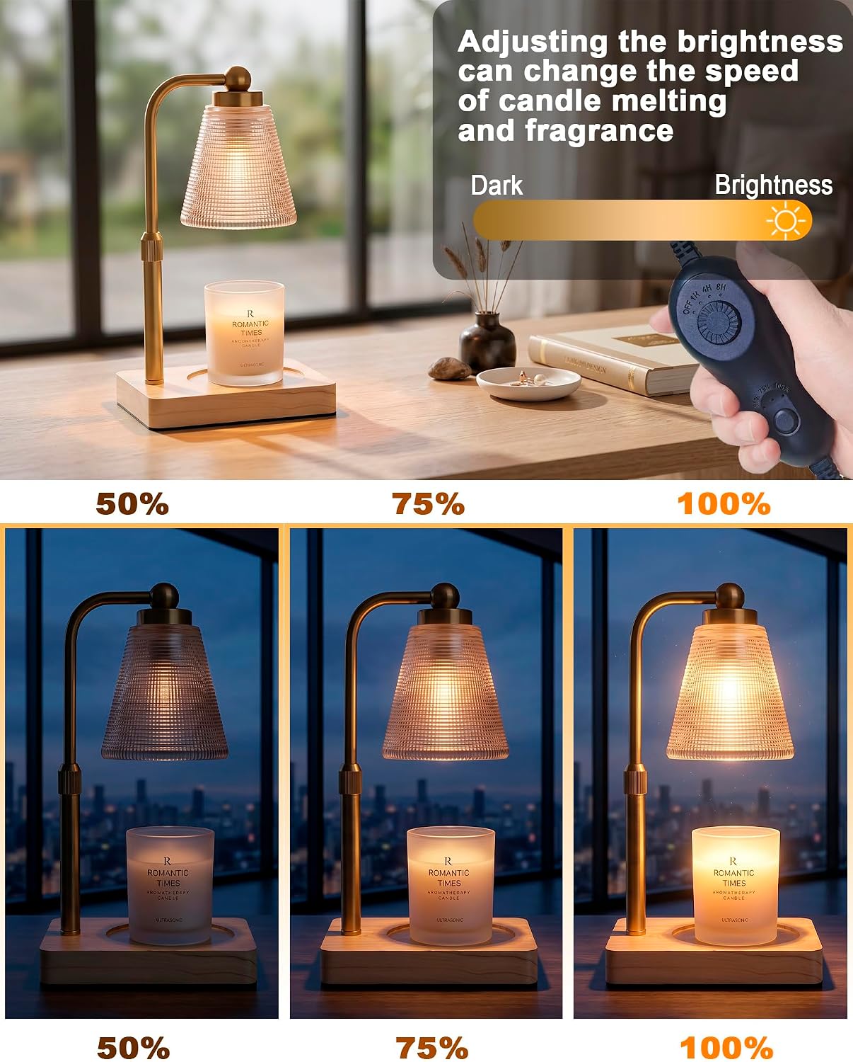 Candle Warmer Lamp with Timer - Adjustable Height & Brightness - Wood Base Glass Shade - 2 Bulbs Included(Square Gold)