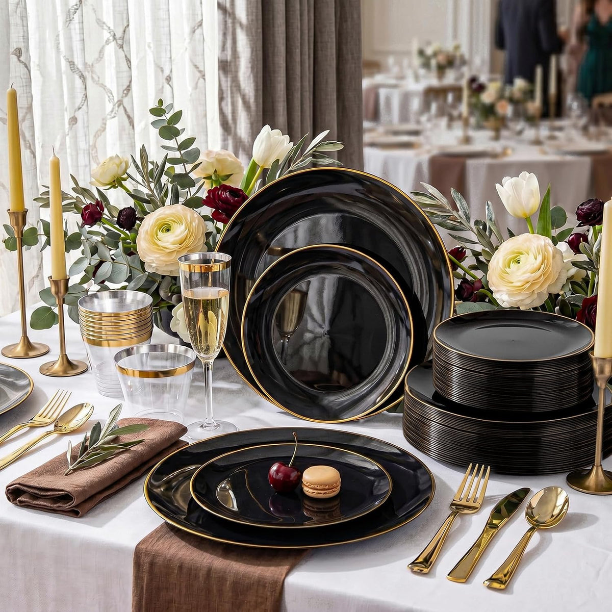KIRE 100PCS Black and Gold Plates - Black Plastic Plates Disposable with Gold...