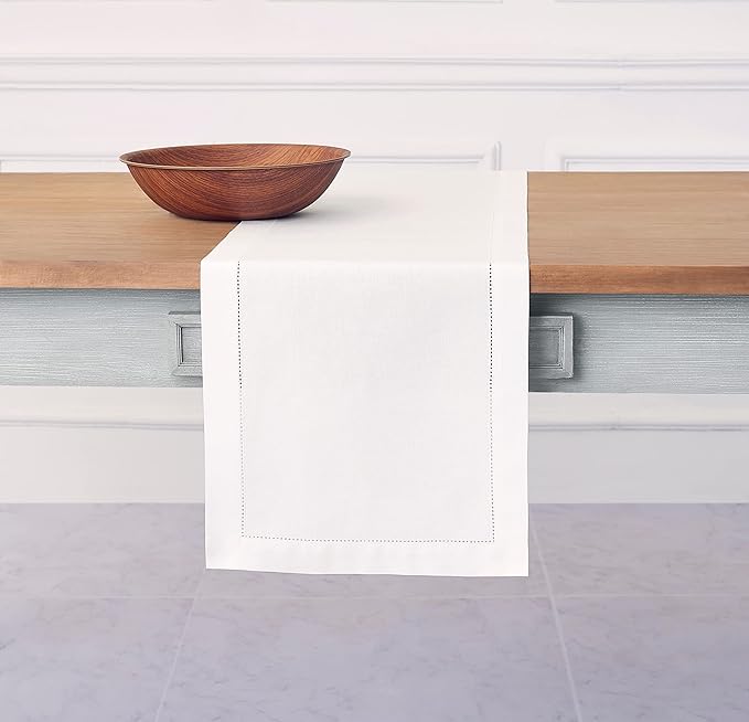Solino Home White Table Runner 108 Inches Long - Cotton Linen Hemstitch 14 x 108 Inch Table Runner for Dining, Fall, Autumn, Halloween, Thanksgiving, Holiday