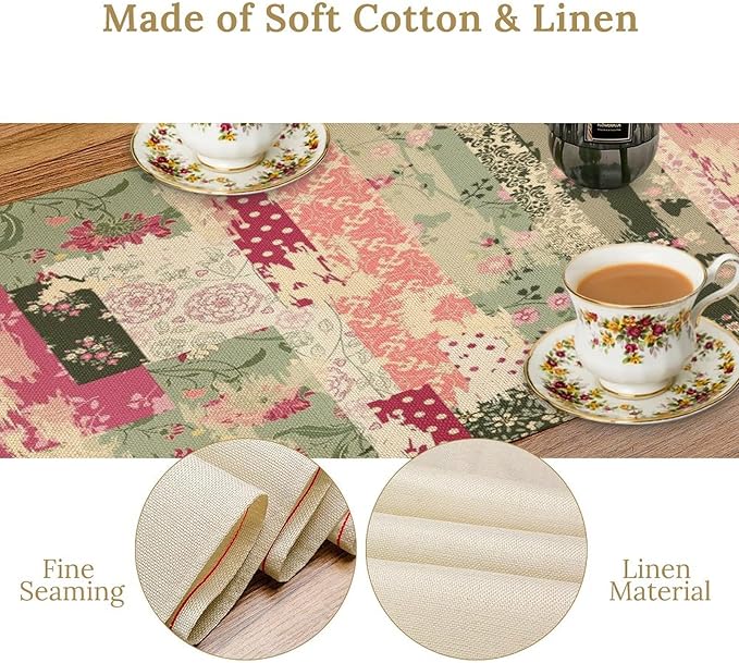 Patchwork Flower Table Runner,Abstract Colorful Floral Retro Style Hand Drawn Tablecloth Burlap for Hotel Indoors Outdoor Dining Room Kitchen Home Decor,W13X L36 in