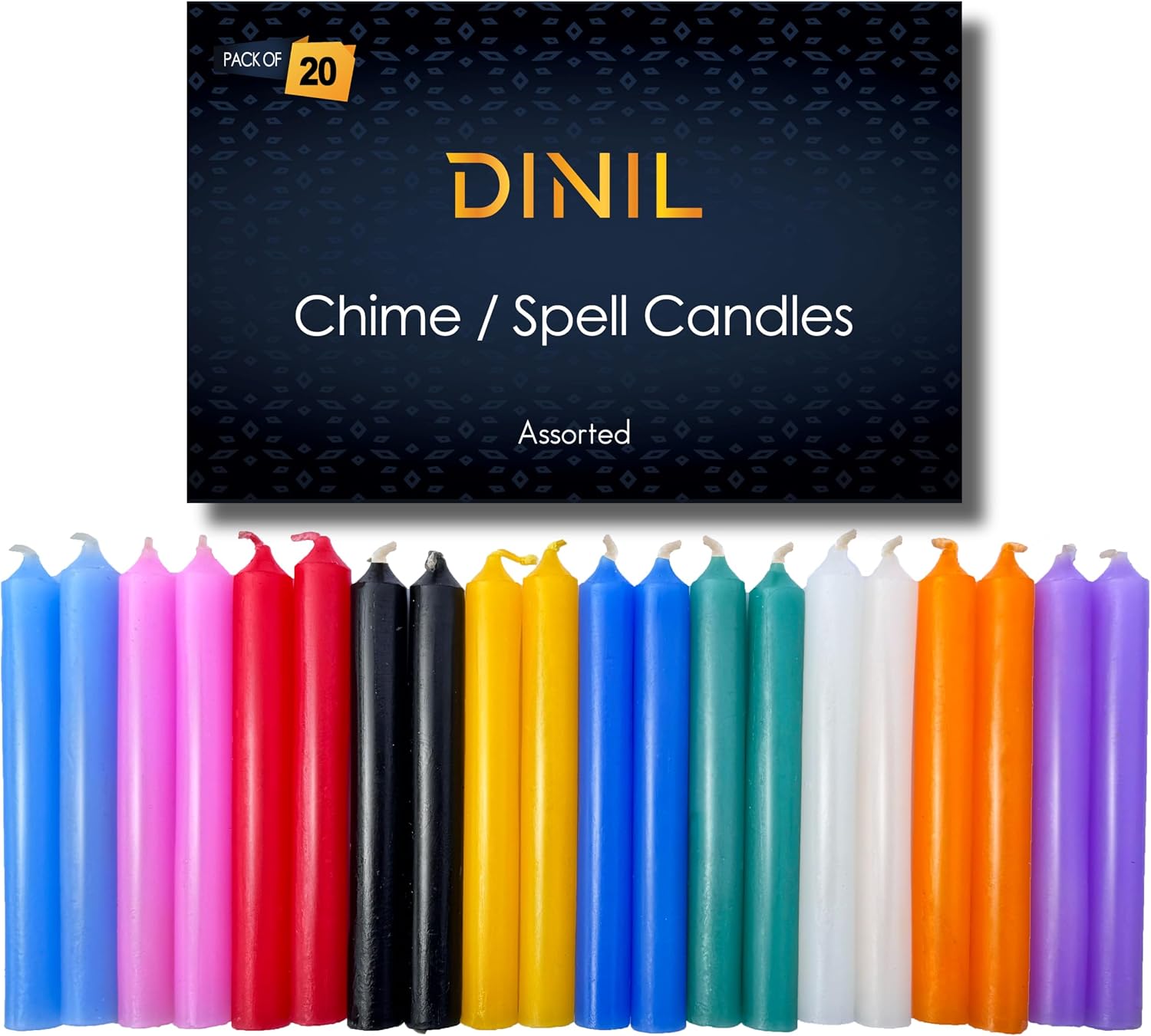 Dinil Spell Chime Candles, 20 Colored Mini Taper Candles, 4 Inch | For spiritual rituals, prayer, altar & birthdays, Unscented paraffin wax, up to 2-hr burn, 10 vibrant shades, 2 of each
