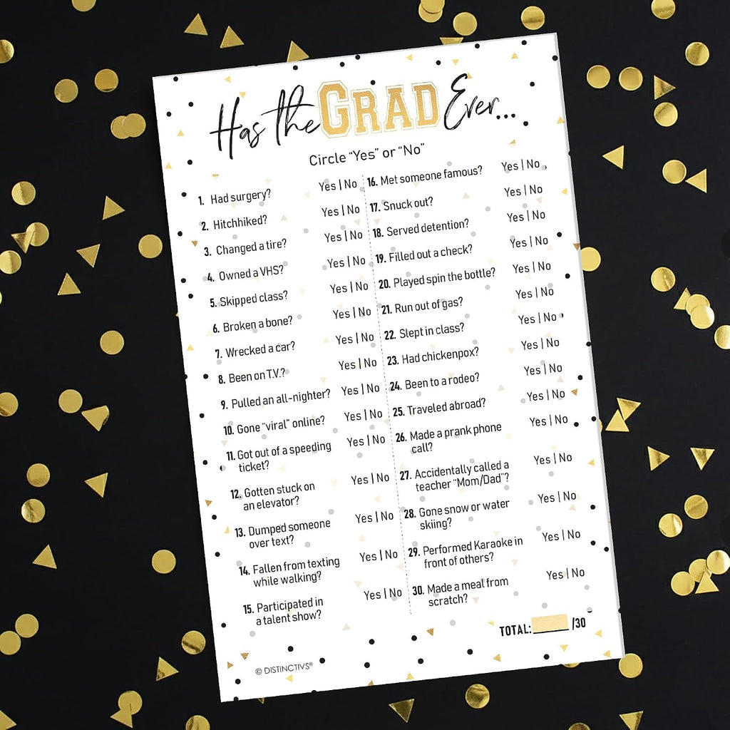 DISTINCTIVS Has The Grad Ever Graduation Party Game, 25 Cards | 5.5" x 8.5" Cards, Never Have I Ever Style, Grad Fills Out Answer Key in Advance, Idea Theme Activity