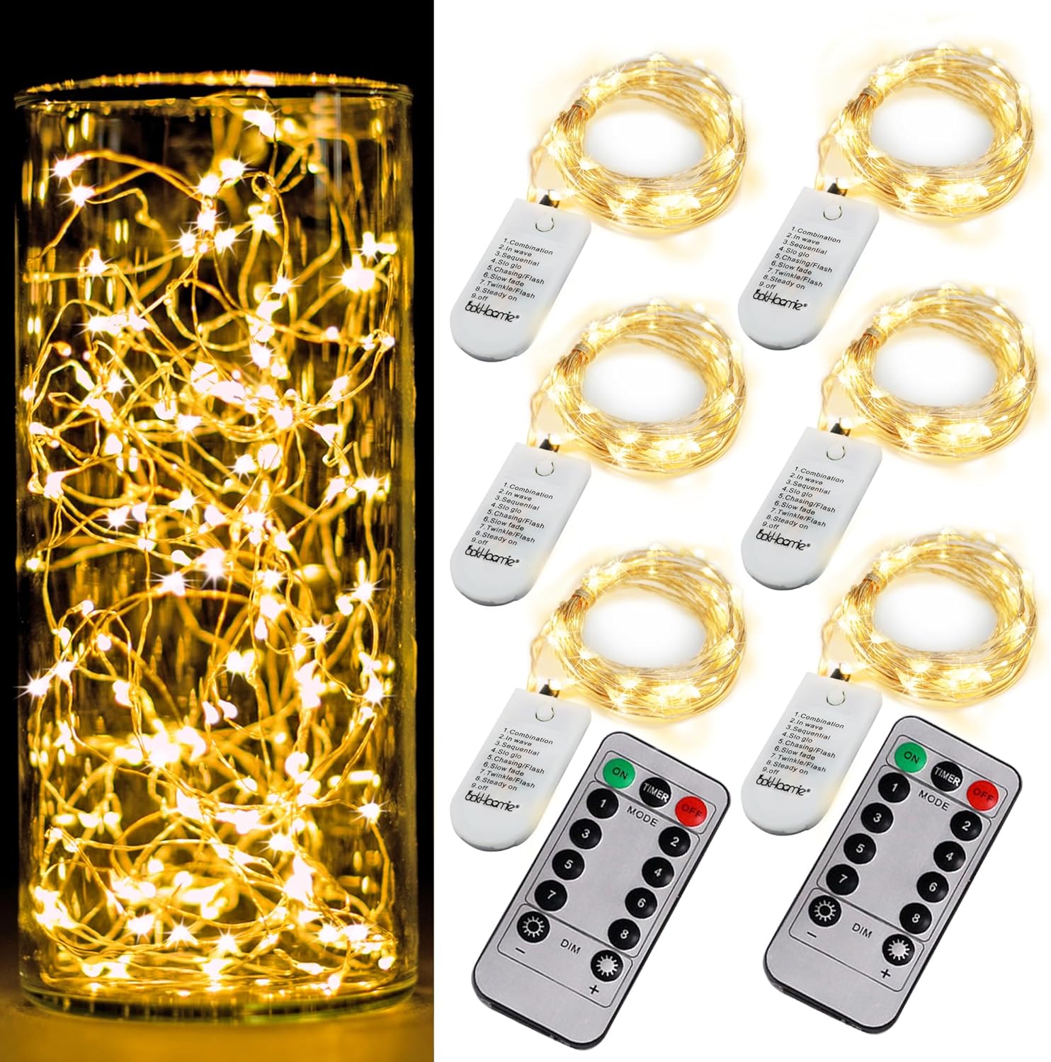 6 Pack Fairy Lights Battery Operated with Timer 2PCS Remote - 6.5ft 20LED Warm White Twinkle Lights Waterproof Silver Wire Fireflies Lights DIY Mason Jar Wedding Party Christmas Centerpiece Table Deco