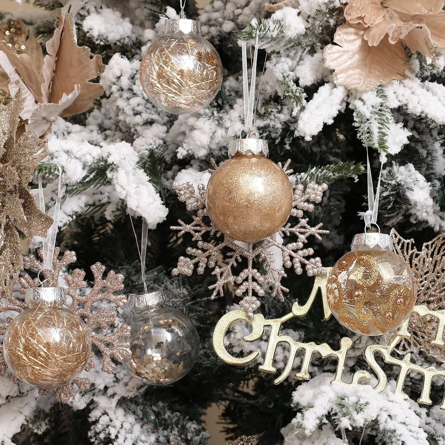 Wironlst Christmas Ball Ornaments Shatterproof Clear Large Plastic Hanging Ball Decorative Baubles Set with Stuffed Delicate Decorations (Multi-Size, Champagne)