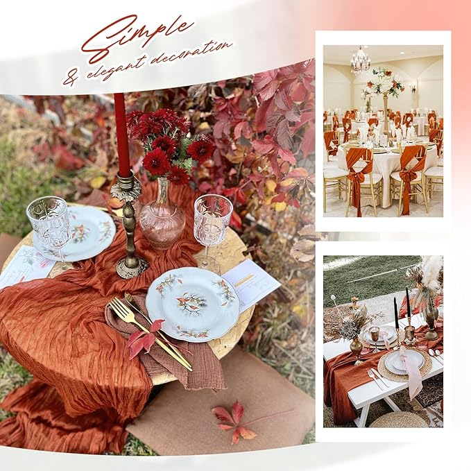 Aktor 4 Pack Terracotta Table Runner Boho Cheesecloth Table Runner Semi Sheer Gauze Fabric Runners for Wedding Birthday Baby Shower Party Boho Table Decoration（Terracotta）