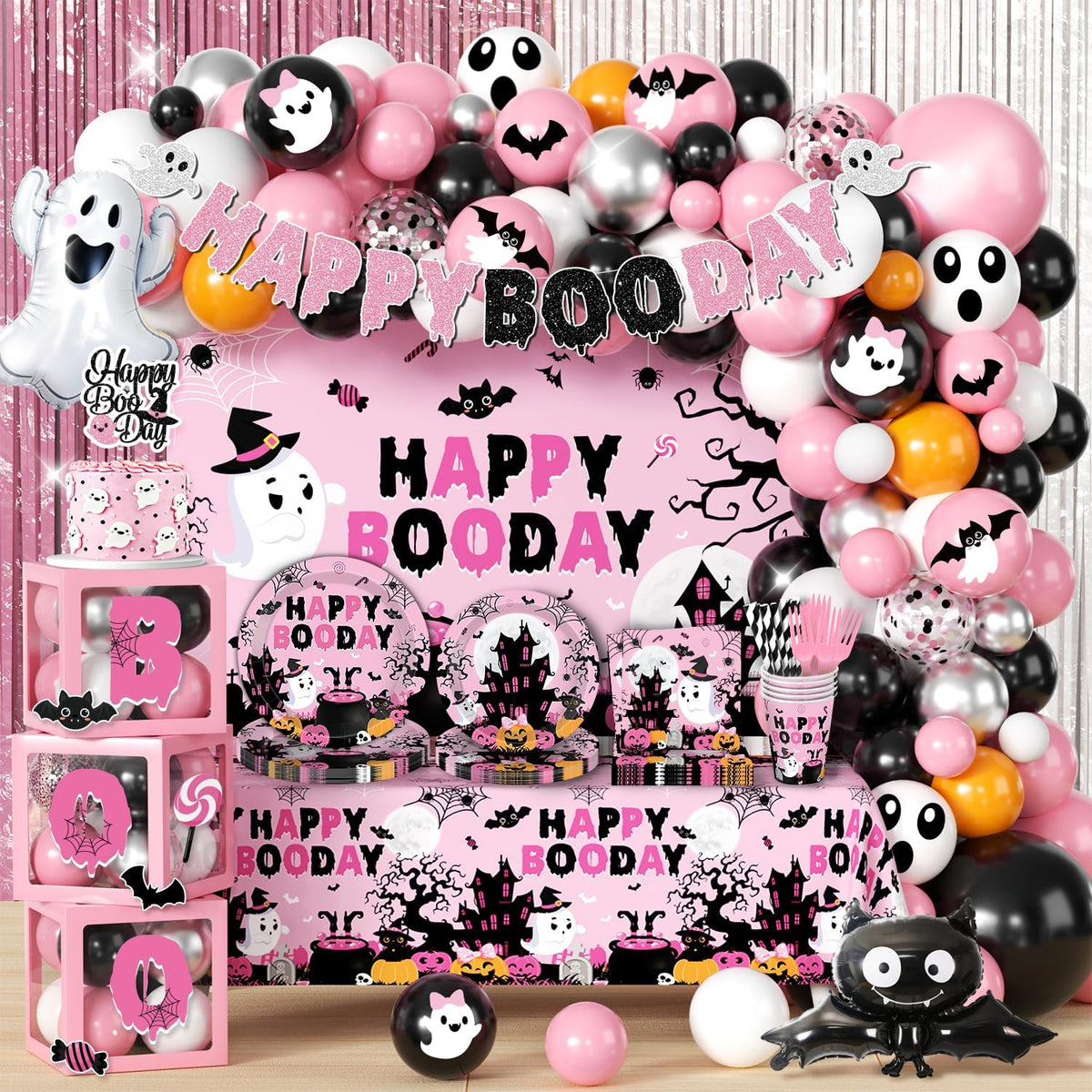 Happy Booday Party Decorations, Pink Halloween Birthday Decorations for 24