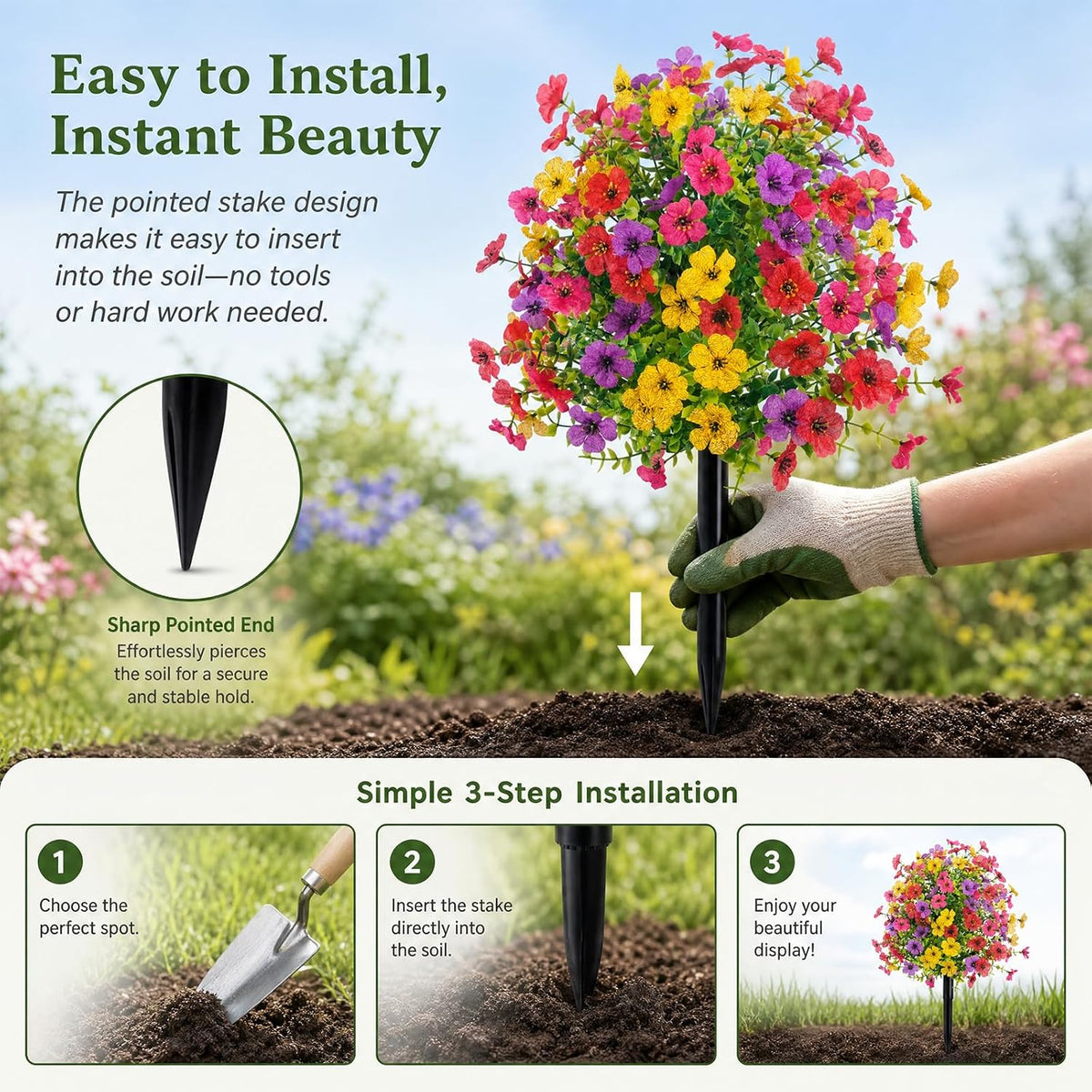 22 inch artificial flowers and shrubs with stakes showing dimensions
