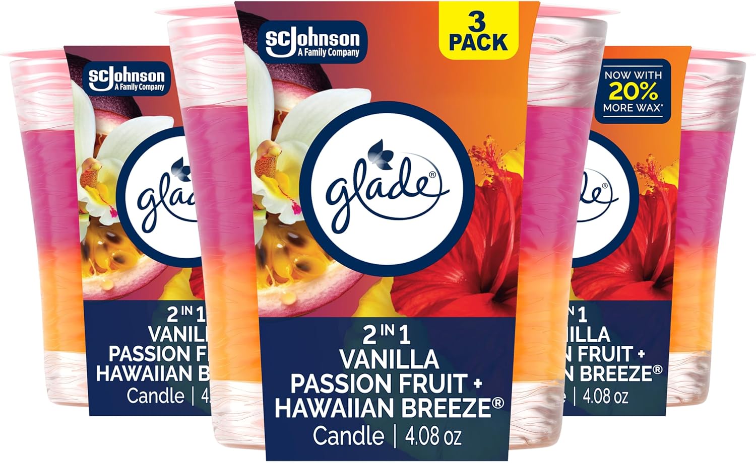 Glade 1-Wick 2in1 Scented Candle Jar, Hawaiian Breeze & Vanilla Passion Fruit, Air Freshener Infused with Essential Oils, 4.08 Oz, 3 Count