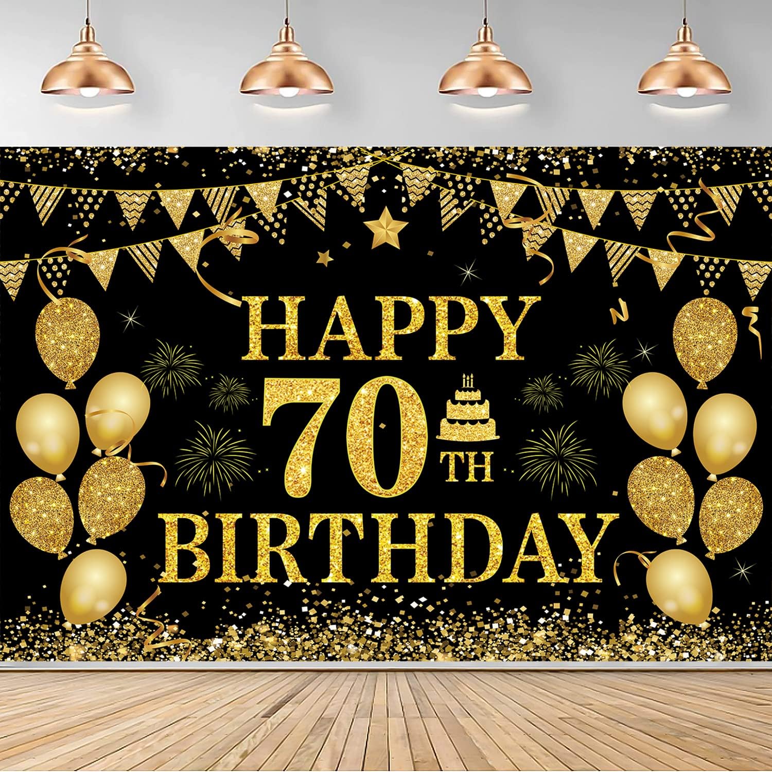 70th Birthday Decorations Happy 70th Birthday Banner for Men Women Black Gold 70 Years Birthday Party Decorations Background for Home Birthday Decor(71 x 45 inch)