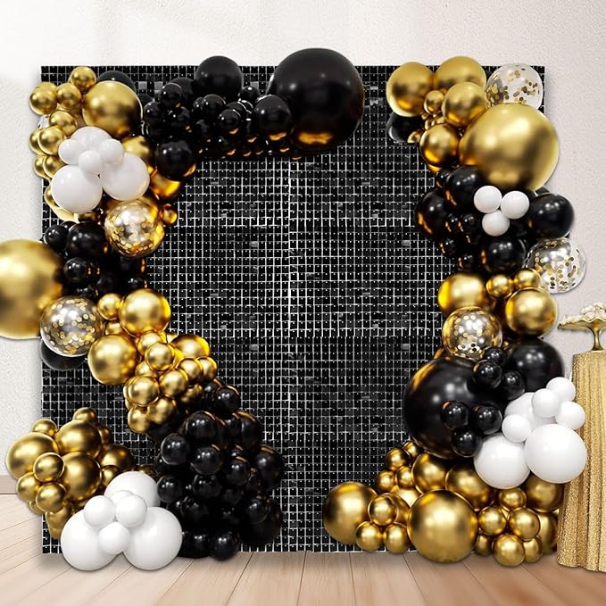 24PCS Black Shimmer Wall Backdrop, Square Sequin Backdrops Panel, Glitter Wall Background for Birthdays, Weddings, Graduation, Engagements, Disco Bachelorette Party Decoration (4FTx6FT)