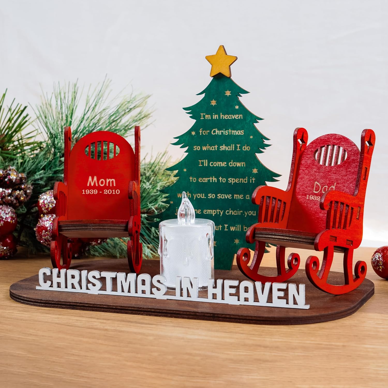 Memory Christmas in Heaven Wooden Candle Holder, Sympathy Gift for Loss of Mom Dad Grandpa Grandma Xmas Tree Personalized Name Decoration Christmas in Heaven Rocking Chair Keepsake Bereavement Gift