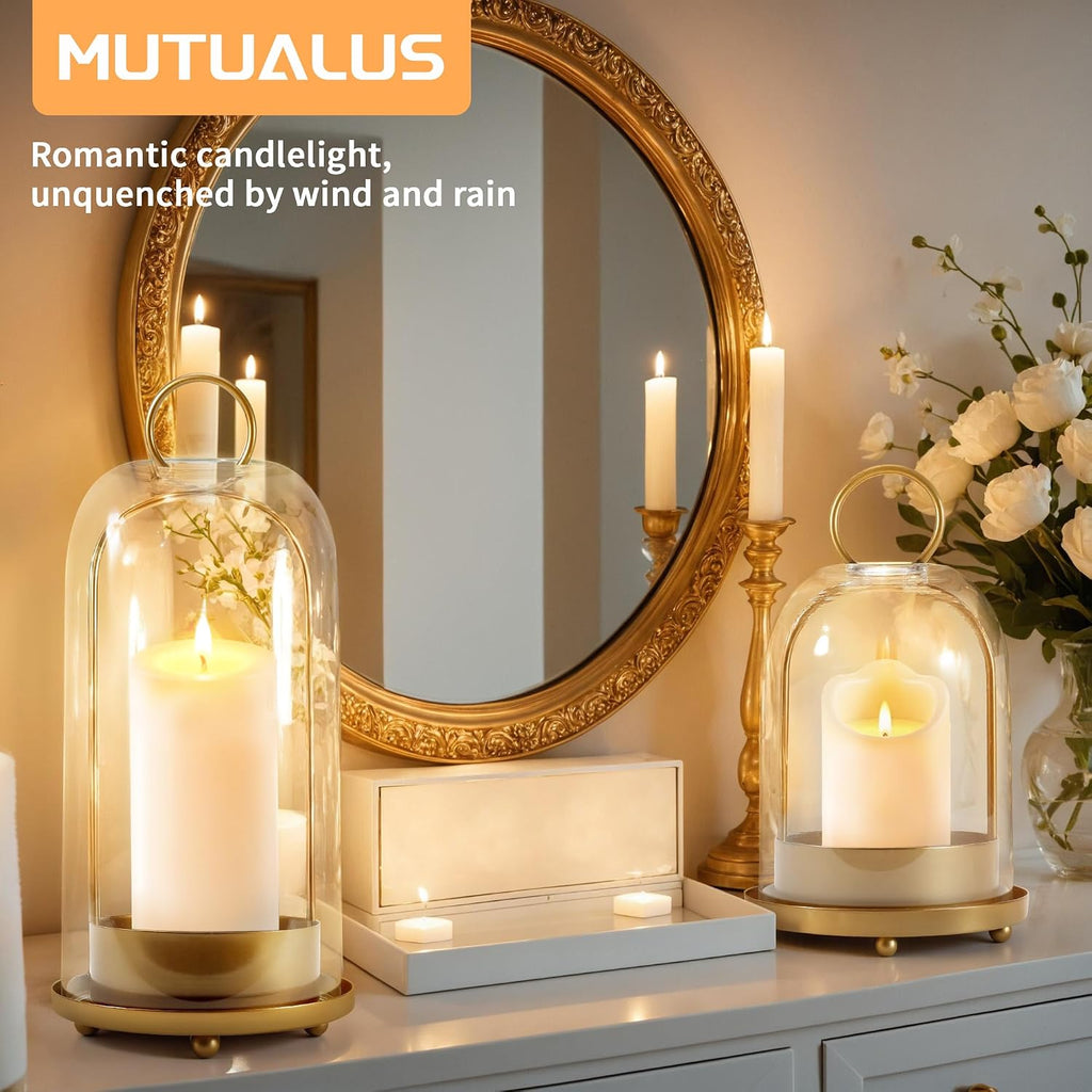 Hurricane Glass Candle Holders, Large & Medium Brass Lanterns Hurricane Candlestick Holder for Pillar Candles Vintage, Gold Metal Rustic Farmhouse Decor with Hook Chains