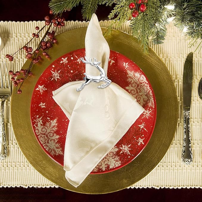 ZeeDix Silver Reindeer Christmas Napkin Rings Set of 12, Napkin Holder Ring for Christmas Dinner Table Decor Cloth Napkins, Wedding Receptions, Holiday Party, Banquet and Home Kitchen