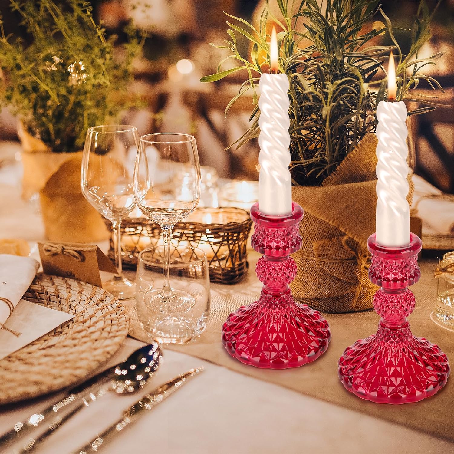 Glass Candle Holder, 2PCS Decorative Candle Sticks Pillar Candle Stand for Formal Events Wedding Party Table Centerpieces Home Decoration, Red