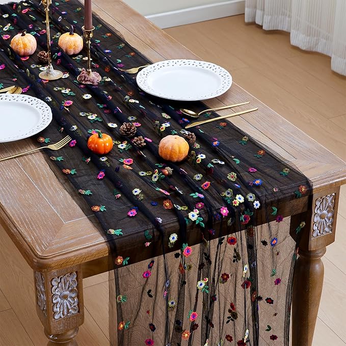 JIALE 3 Pack Black Floral Table Runner, Embroidery Daisy Seasonal Table Decorations, 120Inch 10FT Tulle Fabric for Home Decor, Bridal Shower Wedding, Baby Shower Parties, DIY Craft