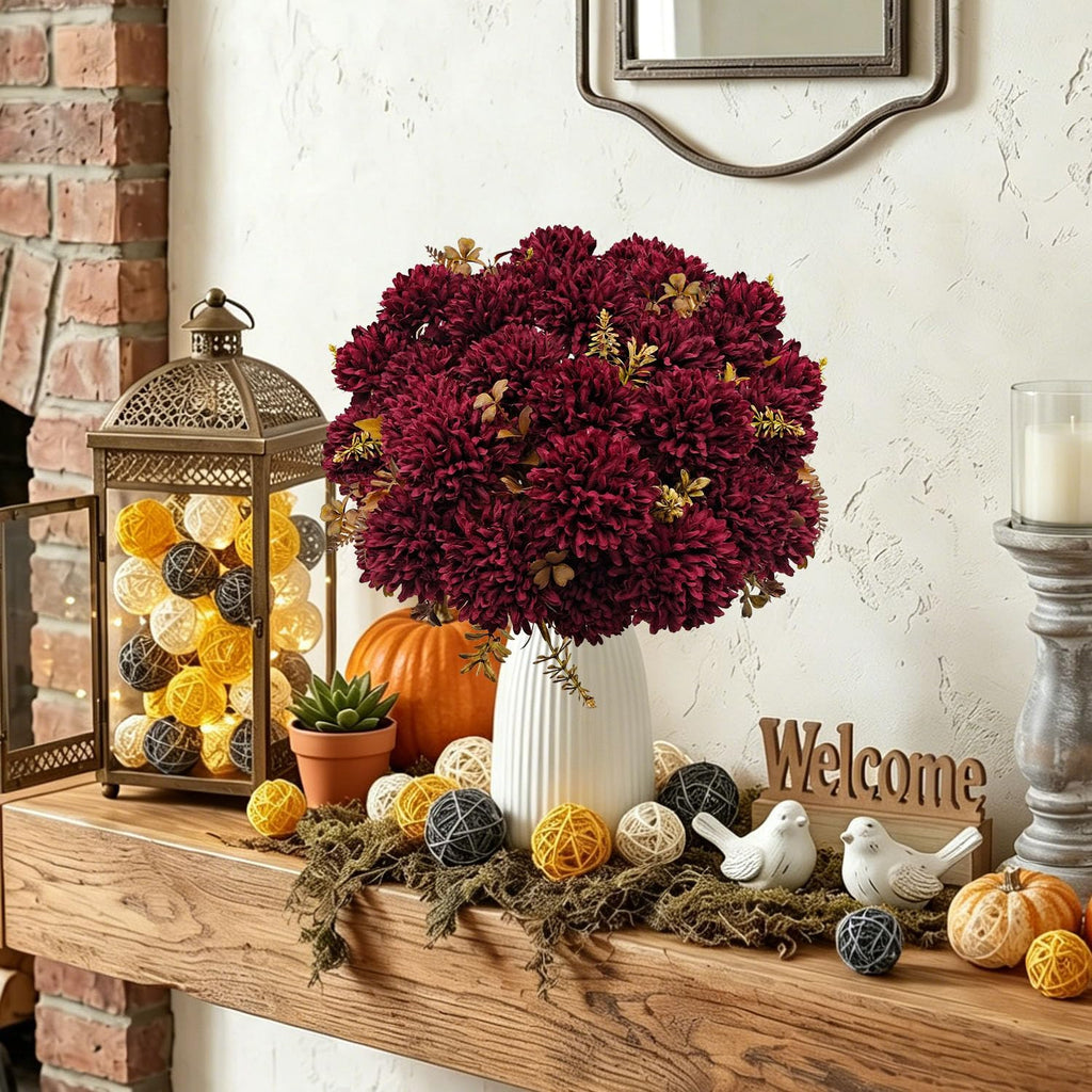 6 bundles artificial fall mums flowers fake silk shown in use