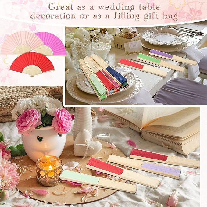 Chunful 100 Pieces Paper Hand Fan Multicolor Bamboo Folding Fans Handheld Chinese Decorative with Organza Bags for Wedding Bridal Church Dancing Home Craft DIY Decoration Party Favors Summer