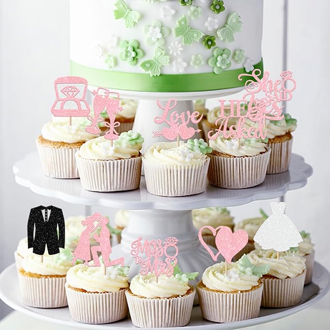 30 Pack Bride to be Cupcake Toppers Glitter Diamond Ring Love I Do Cupcake Picks Miss to Mrs He Asked She Said Yes Bridal Shower Wedding Engagement Bachelorette Cake Decorations Party Pink
