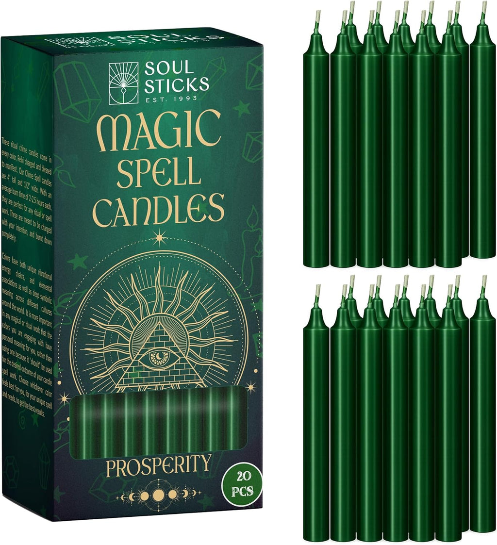 SOUL STICKS Prosperity Magic Spell Chime Taper Candles 20 Pack - Ideal for Altar, Rituals, Ceremonies, Meditation Green Unscented Candle Sticks for Witchcraft Supplies, Wiccan Supplies and Tools