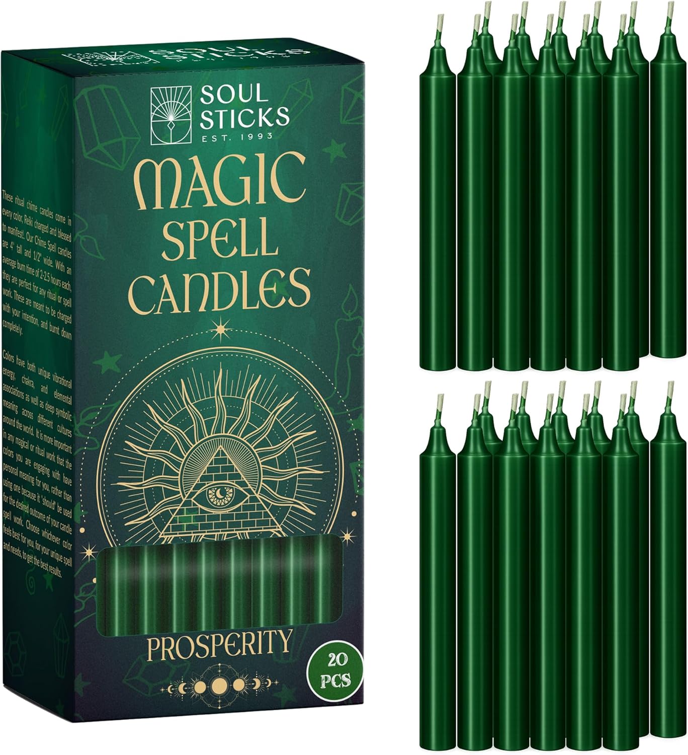 SOUL STICKS Prosperity Magic Spell Chime Taper Candles 20 Pack - Ideal for Altar, Rituals, Ceremonies, Meditation Green Unscented Candle Sticks for Witchcraft Supplies, Wiccan Supplies and Tools