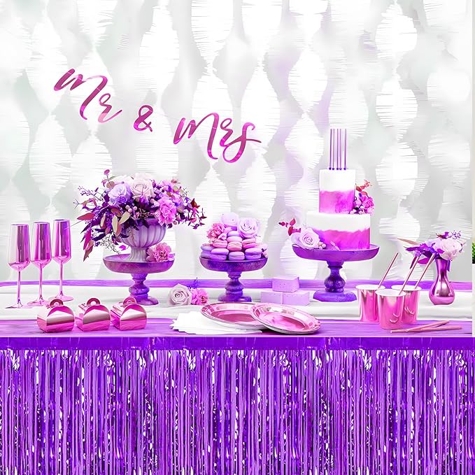 3 Pack 29x108 Inch Purple Foil Fringe Table Skirts Metallic Banner for Tinsel Streamer Garland Backdrop for Parade Floats Wedding Thanksgiving Birthday Christmas Halloween Party Decoration