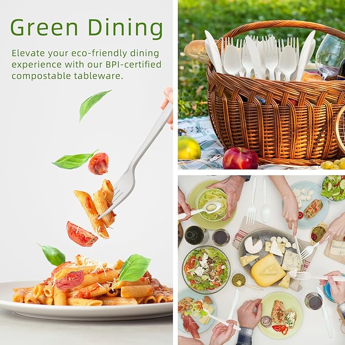 300 Count 100% Compostable Silverware, Ivory White Disposable Silverware, Plastic Forks Spoons Knives Bulk, Compostable Utensils No Plastic Silverware, Compostable Cutlery for Party Office Wedding