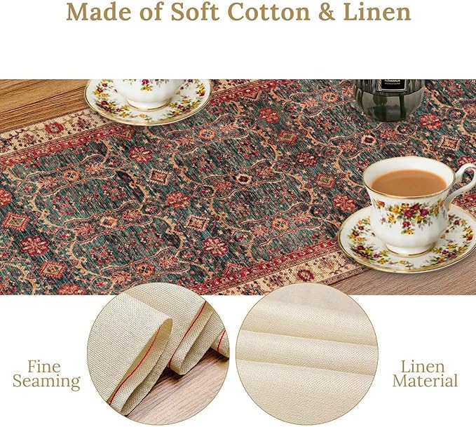 Vintage Boho Floral Table Runner, Rustic Country Farmhouse Red Teal Retro Flower Pattern for Home Kitchen Table Decor Dining Coffee Room Party Decor 13x60in