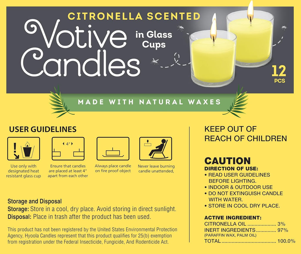 Hyoola Citronella Candle Votives in Glass Cup, Indoor and Outdoor Decorative and Mosquito, Insect and Bug Repellent Candle, Natural Fresh Scent, 12 Hour Burn Time, Made in Europe (Pack of 12)