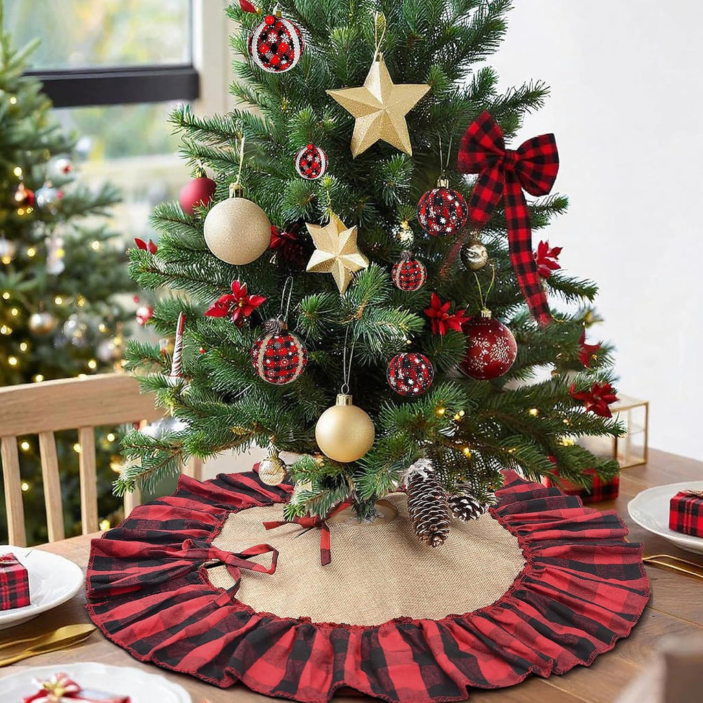 Mini Buffalo Plaid Burlap Tree Skirt with Red and Black Ruffle, 24 inch Small Red Black Gingham Chrismtas Tree Skirt, Rustic Farmhouse Christmas Tree Decorations for Tabletop Tree, Xmas Tree Mat