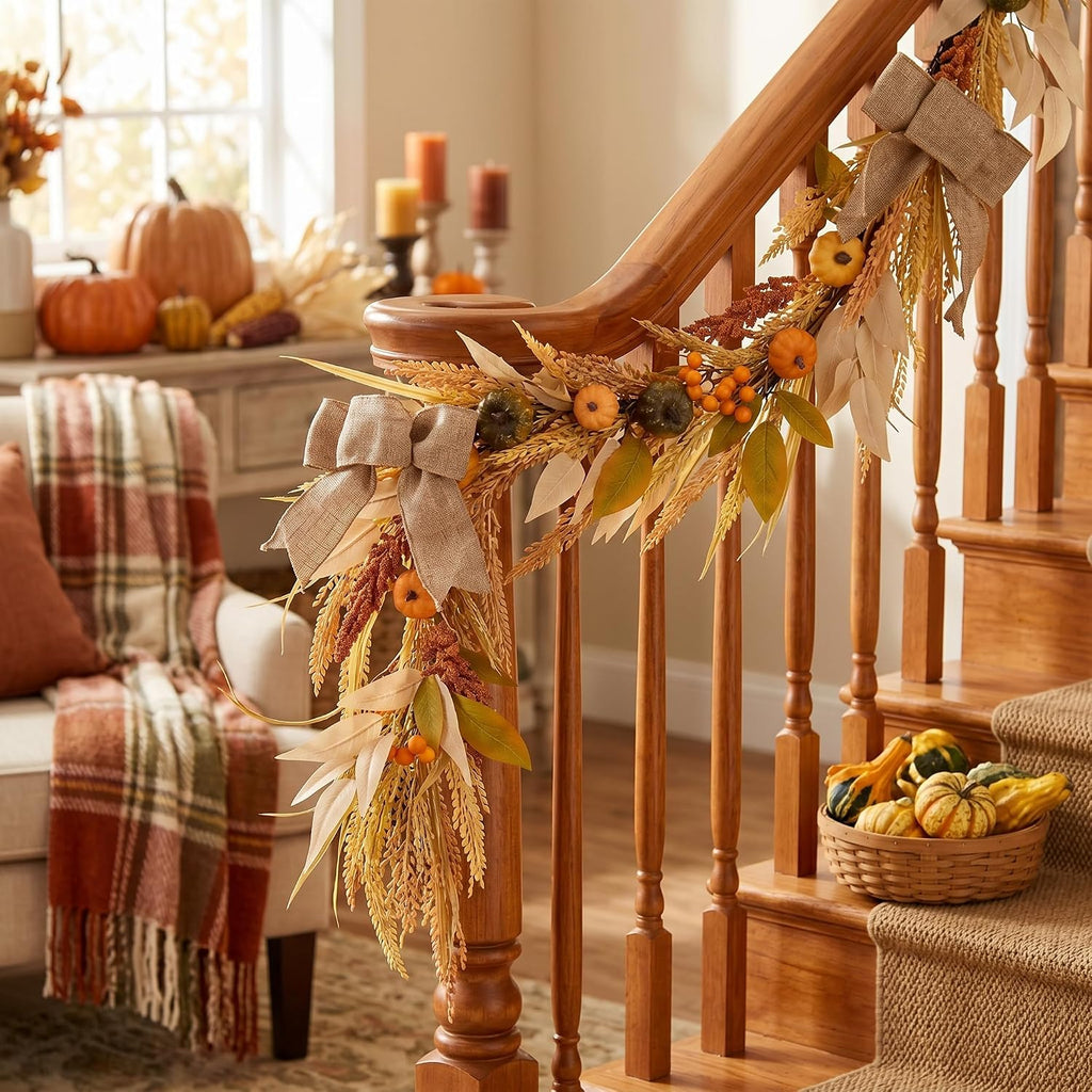 decorbyhannah 6ft fall garland for mantle with lights, close-up detail