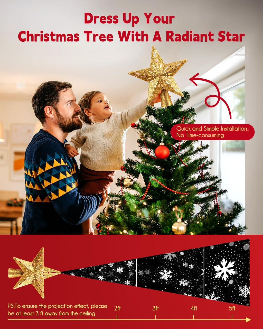Brightown Christmas Star Tree Topper with Snowflake Projector Lights | Hollowed Pentagram Tree Topper,Plug in Christmas Tree Ornament for Indoor Office Xmas New Year Holiday Tree Decoration