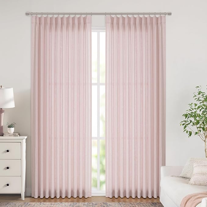 Vision Home Light Pink Pinch Pleated Semi Sheer Curtains Textured Linen Blended Light Filtering Window Curtains 90 inch for Living Room Bedroom Patio Pinch Pleat Drapes with Hooks 1 Panel 60" Wx90 L