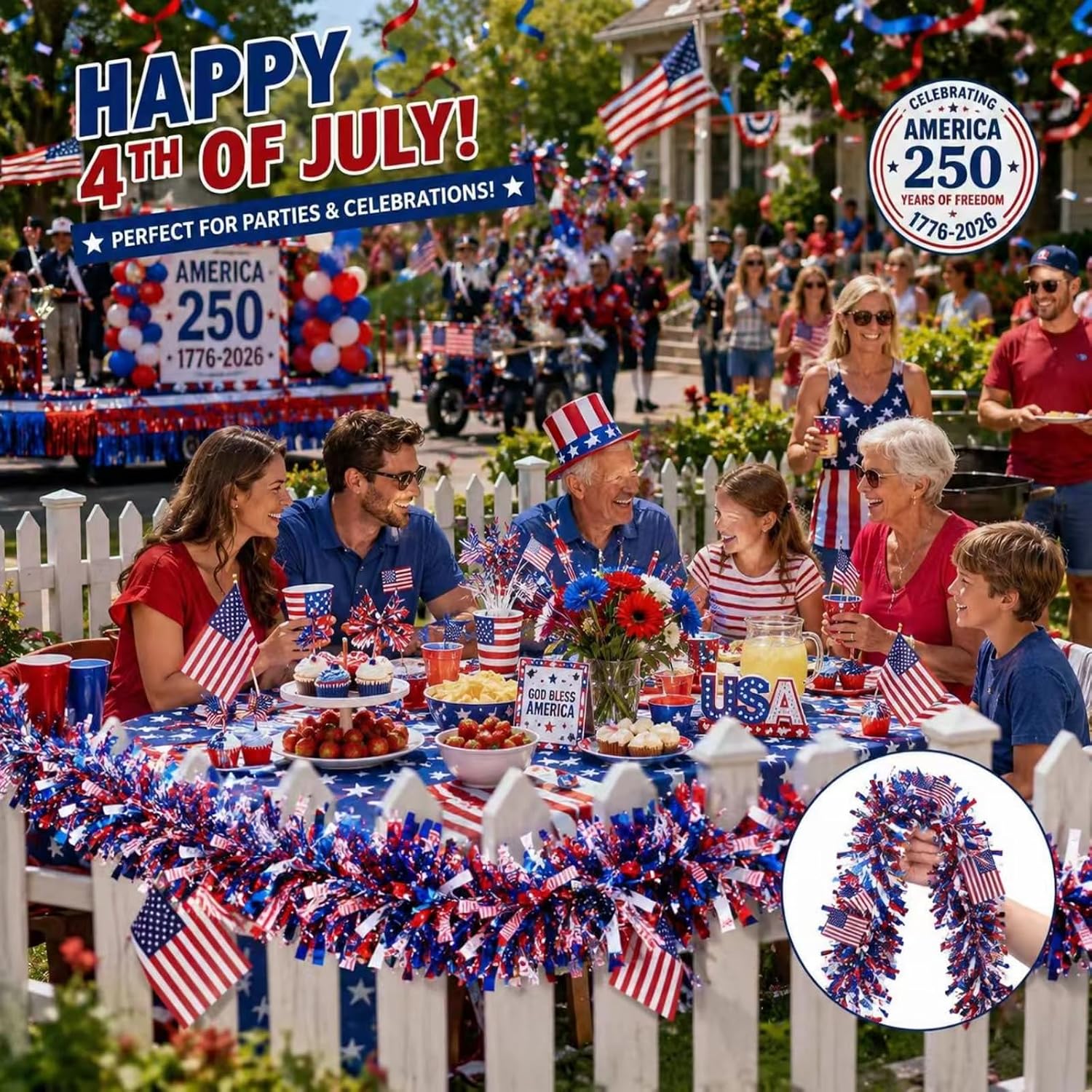 50Ft 2026 4th of July Garland Decorations, Glitter Tinsel Patriotic Decor 250 Anniversary USA Merchandise, Red White Blue with American Flags for National Independence Day Decor